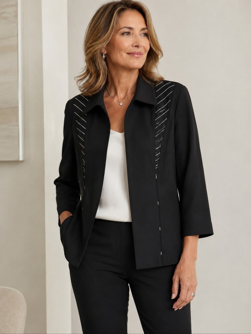 Vintage. Oasis Black Jacket with White Pinstripe Detailing And Gems
